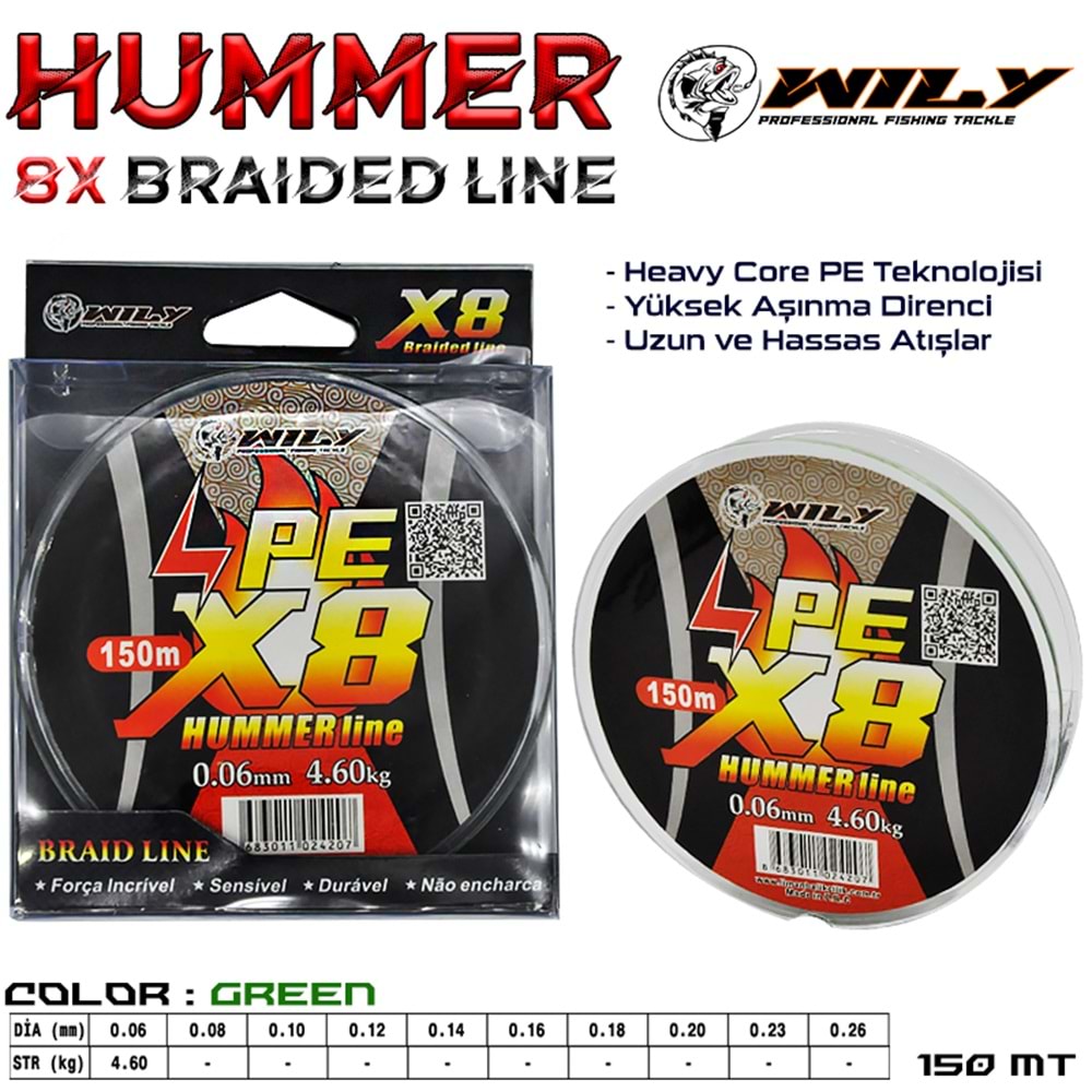 Wily Hummer 8 Kat İp Misina 150 mt Yeşil - 0.18 MM